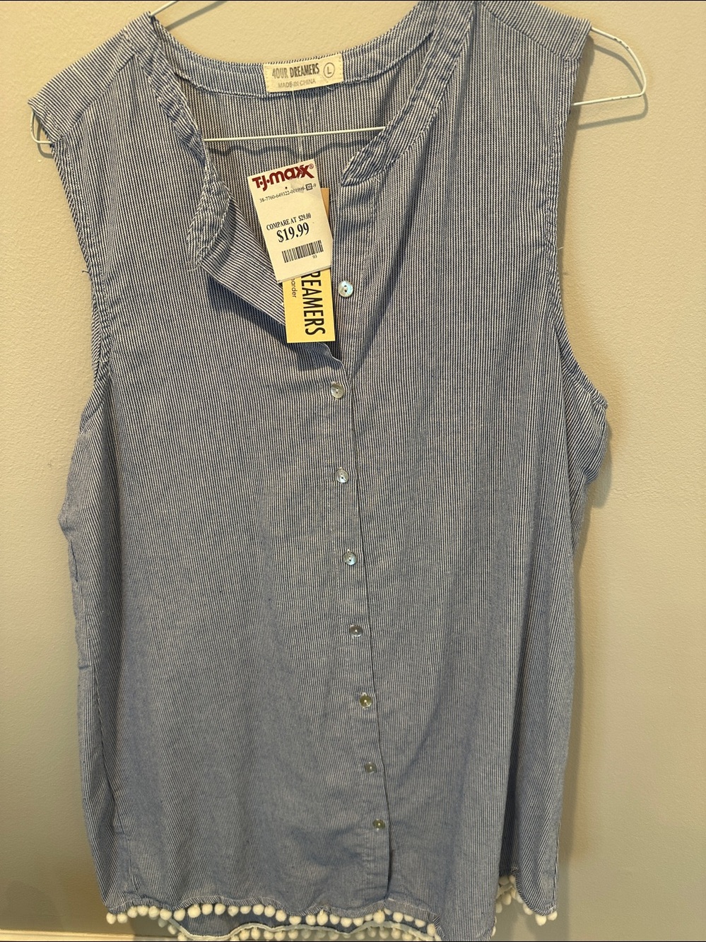 Sleeveless Chambray Button-Front Top with Pom-Pom Hem - Light Blue